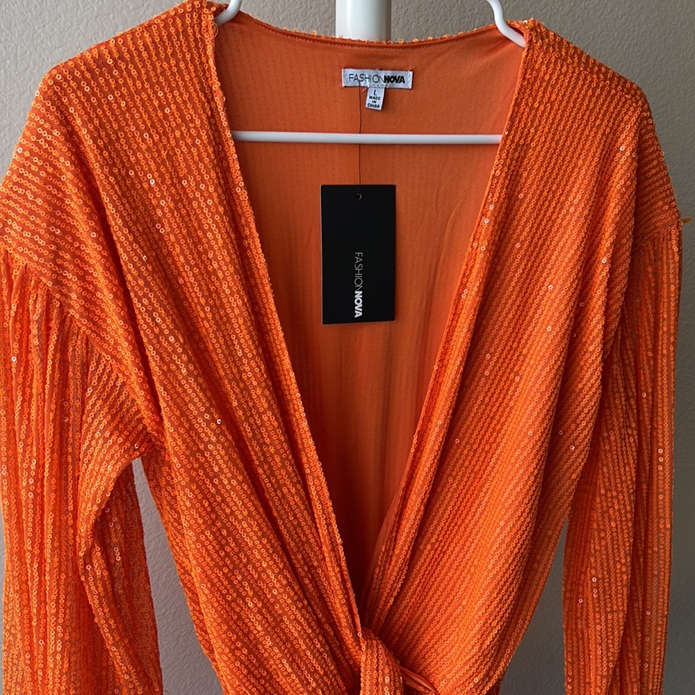 Fashion Nova Sparkly Orange Romper - Picture 5 of 8